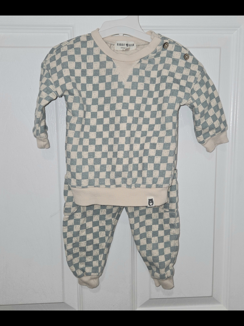 Rabbit + Bear Organic Cotton Baby 6-9 Matching Set Sage Green/Cream Checkered.